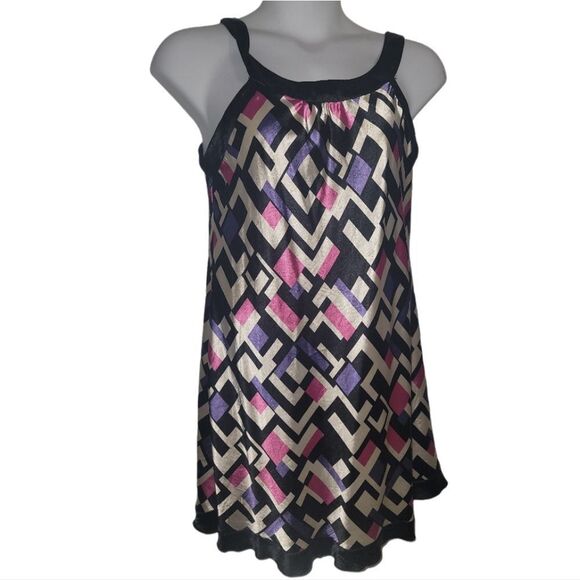 Geometric mod black white pink purple tank dress satin xl vintage a line 14 16 - Picture 1 of 4